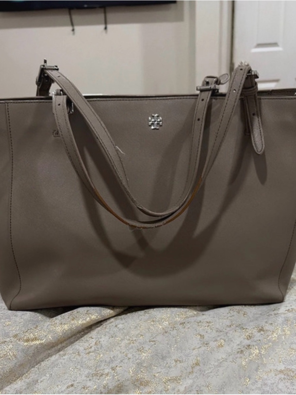 Tory Burch Taupe Gray Leather Double-Handle Tote